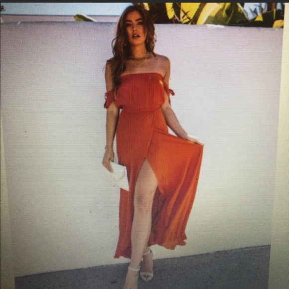 burnt orange off shoulder dress